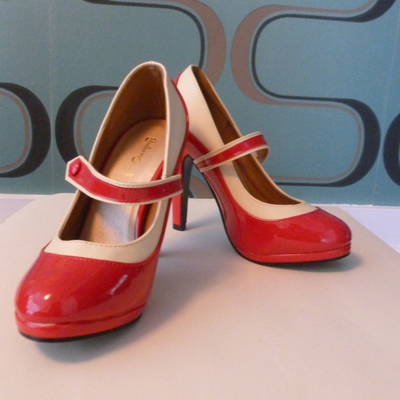 Pin-up girl Mary Jane pumps - Red & Cream - Picture 2 of 5